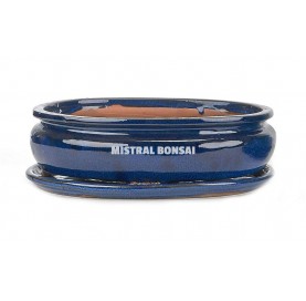 Oval bonsai pot 26 cm with saucer. Blue