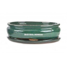 Oval bonsai pot 26 cm with saucer. Green